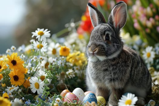 A rabbit in the middle of a spring forest, surrounded by Easter eggs and bright spring flowers, creates a warm and festive atmosphere of a spring morning.