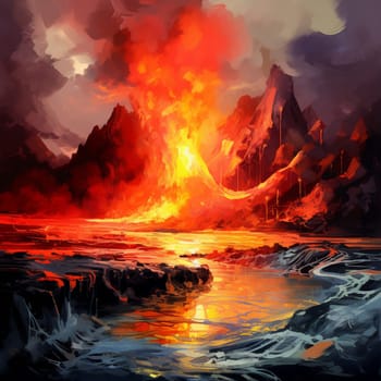 Experience the raw power and beauty of nature with this surreal landscape engulfed in a torrential eruption. The vibrant and eye-catching art style, reminiscent of impressionism, captures the dynamism and chaos of the scene. The focal point is the cascading flow of molten lava, illuminating the surroundings with intense hues of red, orange, and yellow. Darkened skies, billowing smoke, and silhouettes of awe-struck onlookers in the foreground create a striking contrast. This visually captivating image is bound to elicit a wide range of emotions, from astonishment to fear. Perfect for microstock distribution.