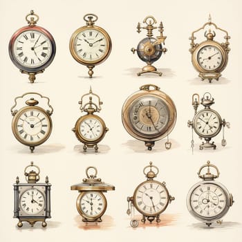 Step back in time with this hand-drawn vintage illustration that beautifully showcases a collection of exquisite antique clocks. Each clock in this sophisticated and harmonious arrangement is designed with unique details that add to its timeless charm and refinement. Admire the intricate craftsmanship and appreciate the history behind these elegant timepieces.