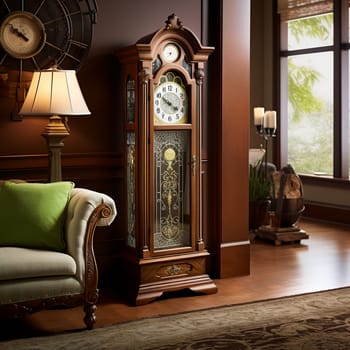 Experience the nostalgia and timeless beauty of vintage clocks with this image. A meticulously crafted antique grandfather clock takes center stage, adorned with intricate woodwork and ornate details. The scene exudes a cozy and serene atmosphere, as soft sunlight filters through the curtains, casting gentle shadows on the clock's face. The ethereal haze envelops the surroundings, evoking cherished memories and the passage of time. Subtle floral elements add a whimsical and elegant touch, infusing the image with a sense of romance. The aged texture and unique character of the clock, including its patina and small imperfections, contribute to its overall charm.