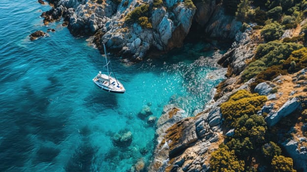 Top view of clear blue sea with yacht near shore.