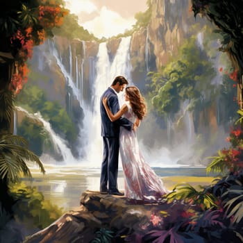 Immerse yourself in the enchantment of love with this lively and vibrant art style that showcases a magical scene of 'Cascade of Love: Vows Exchanged Amidst Cascading Waterfalls.' The picturesque landscape features magnificent waterfalls cascading down lush, verdant cliffs, creating a dreamy backdrop. At the center of the image, a joyous couple stands at the edge of a crystal-clear pool, surrounded by misty water spray and a vibrant array of colorful flowers. The scene is further elevated with sparkling rainbows and fluttering butterflies, adding an element of enchantment that perfectly complements the awe-inspiring power of nature. This captivating composition radiates love, romance, and the harmonious blend of human connection and the beauty of the natural world.