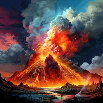 Prepare to be mesmerized by the surreal depiction of a volcanic eruption engulfed in vibrant hues. This captivating image captures the explosive display of fiery power, showcasing the raw intensity of nature's forces. The scene is filled with energy, as flowing lava cascades down the volcano, billowing smoke fills the air, and sparks shoot through the sky. Created in a digital painting style, the high contrast and dynamic brushwork emphasize the dramatic nature of this volcanic event. Get ready to be captivated by the intense beauty and undeniable power of the Fiery Tremor.