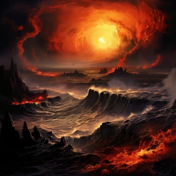 Experience the awe-inspiring power of nature with this breathtaking image of a Volcanic Whirlpool. In this artistic depiction, the raw intensity of a volcanic eruption is captured, conveying the swirling motion of fiery lava and billowing smoke forming a vortex-like shape. The composition also includes the silhouettes of brave explorers or fleeing wildlife in the foreground, adding a touch of danger to the scene. This image is sure to captivate viewers and ignite their curiosity about the untamed forces of nature.