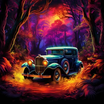 Immerse yourself in the captivating world of a vintage car engulfed in vibrant flames, located in a lush mystical forest. This stunning imagery combines the magic of a bygone era with the enchantment of a mystical forest. The vintage car, with its unique and eye-catching design, captures the essence of nostalgia and draws you into a world of allure and mystique. The flames surrounding the car add an element of excitement and intensity, igniting your imagination and making this image truly unforgettable.