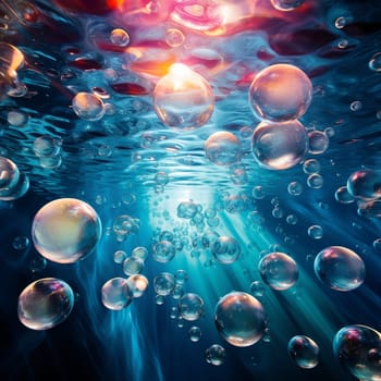 Immerse yourself in the enchanting beauty of this underwater scene, featuring multiple transparent spheres gracefully floating in a vast expanse of shimmering blue water. The spheres reflect the vibrant colors of the surrounding environment, creating a mesmerizing and ethereal visual effect. The deep blue water is adorned with subtle ripples that catch and reflect the gentle sunlight, infusing the scene with a sense of tranquility and mystery. Journey into your imagination and explore the captivating allure of the aquatic world with this breathtaking image.