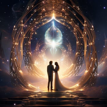 Immerse yourself in a world of love and cosmic wonder with this vibrant and surreal image. Witness a couple standing under a glowing cosmic archway, surrounded by intertwining celestial elements as they exchange heartfelt vows. The fantasy-inspired art style adds an ethereal beauty to the scene, captivating viewers and evoking emotions of love, wonder, and cosmic connection.