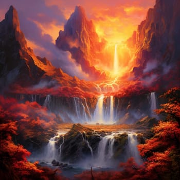 Experience the artistic portrayal of nature's raw power and beauty with this mesmerizing scene titled 'Flaming Cascade.' It depicts a volcanic eruption cascading down a mountain, unleashing vibrant orange lava into a river. The result is a breathtaking display that showcases the remarkable force of nature. The scene is enhanced by the presence of a diverse array of onlookers, capturing their awe-struck expressions as they witness this awe-inspiring phenomenon.