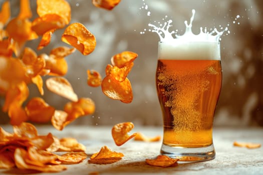 Chips float over a glass of beer, creating an amazing levitation effect and drawing the viewer into a fantasy world
