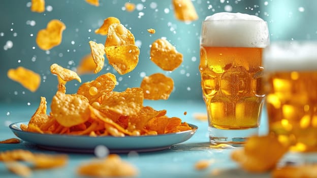 Amazing image: potato chips mystically float in the air next to a glass of fresh beer against a sky-blue hue