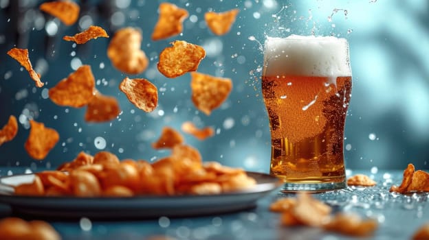 Amazing image: potato chips mystically float in the air next to a glass of fresh beer against a sky-blue hue