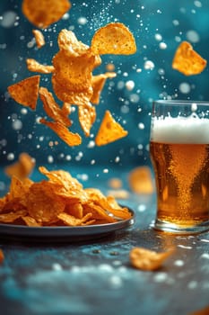 Potato chips float next to a glass of beer, standing out against the sky-blue background and creating a breathtaking view