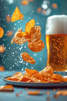 Potato chips float next to a glass of beer, standing out against the sky-blue background and creating a breathtaking view