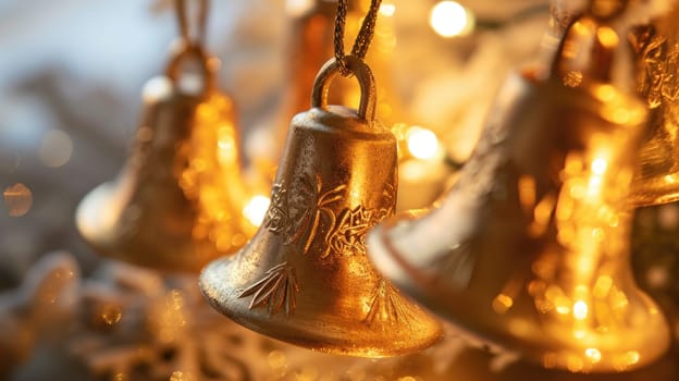 Golden bells create a festive mood on a Christmas tree decorated with a garland.
