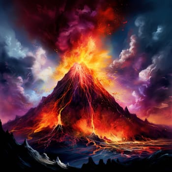 Prepare to be mesmerized by the surreal depiction of a volcanic eruption engulfed in vibrant hues. This captivating image captures the explosive display of fiery power, showcasing the raw intensity of nature's forces. The scene is filled with energy, as flowing lava cascades down the volcano, billowing smoke fills the air, and sparks shoot through the sky. Created in a digital painting style, the high contrast and dynamic brushwork emphasize the dramatic nature of this volcanic event. Get ready to be captivated by the intense beauty and undeniable power of the Fiery Tremor.