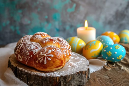 A striking image: Easter cake and colorful eggs on a wooden table fill the space with fun and joy, adding festive charm.