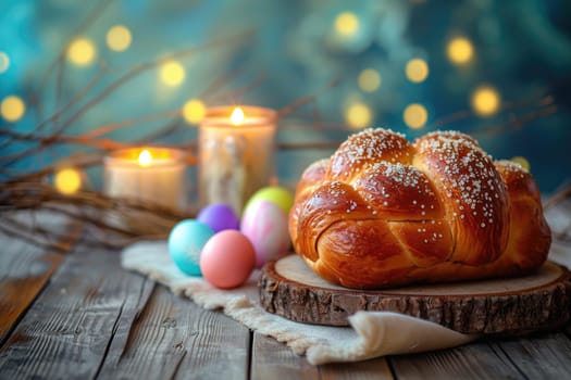 Easter symbols, Easter cakes and eggs, on a wooden table embody the joy of the holiday and the importance of the heritage of tradition.