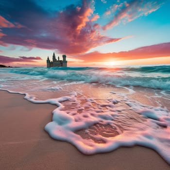 Immerse yourself in the beauty of this serene beach scene! The crystal clear turquoise water gently laps against the shore, creating a tranquil atmosphere. In the foreground, a small sand castle stands tall, untouched by the approaching tide, symbolizing the sense of fleeting moments frozen in time. The sky is ablaze with hues of orange and pink as the sun sets on the horizon, casting a warm glow over the scene. Just beyond the shoreline, a majestic wave forms, frozen in time, capturing the essence of perpetual motion and the timeless power of the ocean. The vibrant colors and calm, yet powerful energy of this everlasting surge are beautifully depicted in this artwork's artistic style.