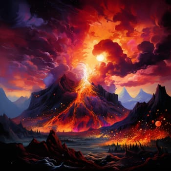 Experience the captivating beauty of nature's fiery symphony in this vibrant and dynamic illustration. A volcanic eruption takes center stage, mesmerizing the viewer with its intense hues and billowing clouds of ash. Molten lava cascades down the mountainside, creating a mesmerizing dance of destruction and creation. The raw power and breathtaking beauty of this scene will leave you in awe.