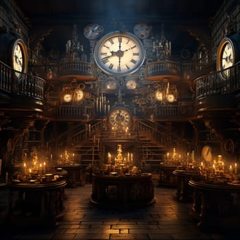 Step into a world of wonder with this surreal grand library filled with shelves upon shelves of vintage clocks. Each clock is frozen at a different time, their hands replaced with intricate gears and cogs, creating an otherworldly appearance. Soft candlelight bathes the scene, casting eerie shadows on the dusty tomes that surround the clocks. Outside the tall windows, a full moon adds to the mystical ambiance, hinting at the timeless stories waiting to be discovered within this mystical time capsule. The art style of this illustration blends elements of realism and fantasy, resembling a meticulously hand-drawn vintage engraving.