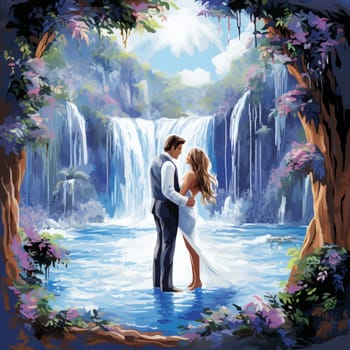 Immerse yourself in the enchantment of love with this lively and vibrant art style that showcases a magical scene of 'Cascade of Love: Vows Exchanged Amidst Cascading Waterfalls.' The picturesque landscape features magnificent waterfalls cascading down lush, verdant cliffs, creating a dreamy backdrop. At the center of the image, a joyous couple stands at the edge of a crystal-clear pool, surrounded by misty water spray and a vibrant array of colorful flowers. The scene is further elevated with sparkling rainbows and fluttering butterflies, adding an element of enchantment that perfectly complements the awe-inspiring power of nature. This captivating composition radiates love, romance, and the harmonious blend of human connection and the beauty of the natural world.
