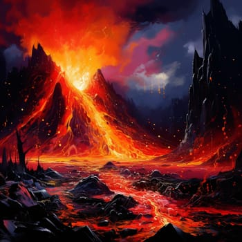 Experience the raw power and beauty of nature with this surreal landscape engulfed in a torrential eruption. The vibrant and eye-catching art style, reminiscent of impressionism, captures the dynamism and chaos of the scene. The focal point is the cascading flow of molten lava, illuminating the surroundings with intense hues of red, orange, and yellow. Darkened skies, billowing smoke, and silhouettes of awe-struck onlookers in the foreground create a striking contrast. This visually captivating image is bound to elicit a wide range of emotions, from astonishment to fear. Perfect for microstock distribution.