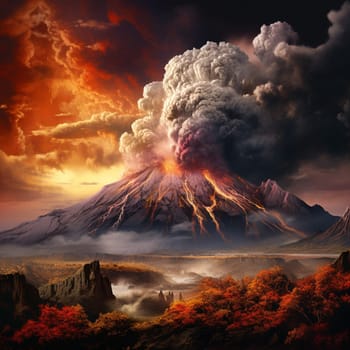 Witness the fierce and captivating natural phenomenon in this vibrant and dramatic artistic depiction of a volcanic eruption. The artwork showcases the raw power of nature's fury as a surge of molten lava erupts from the volcano, engulfing the landscape in a torrent of fiery chaos. The billowing smoke and glowing ash create a mesmerizing spectacle against the contrasting backdrop of a darkened sky, illuminated by streaks of fire and ash clouds. This image captures the intense beauty and adrenaline-inducing moment of a volcanic eruption, evoking a sense of awe and wonder. The dynamic motion, vibrant color palette, and hint of danger make this artwork a powerful and attention-grabbing piece that will captivate viewers and inspire a range of emotions.