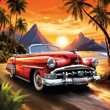 Experience the nostalgia of a bygone era with 'The Classic Cruiser: A Vintage Tale'! This art piece takes you back to the 1950s, featuring a classic convertible car cruising down an enchanting coastal road at sunset. The car exudes timeless elegance with its sleek curves, chrome details, and vibrant colors. The scene is filled with nostalgic charm - palm trees swaying in the gentle breeze, the ocean glistening in the background, and a picturesque lighthouse standing tall on a rocky cliff. The warm, golden hues of the lighting cast long shadows on the road, evoking a sense of tranquility and wanderlust. Immerse yourself in the joy of freedom and embark on a journey to a simpler time.