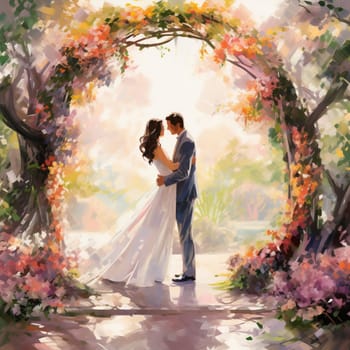 Immerse yourself in the beauty of this vibrant watercolor painting that showcases a couple exchanging vows in a stunning garden setting. The bride is wearing a flowing white dress adorned with delicate flowers, while the groom is dressed in a dapper suit. They stand beneath a blossoming arch entwined with greenery and colorful flowers. The sunlight filters through the tree canopy, casting a warm glow on the scene. In the background, witnesses and loved ones watch with teary-eyed joy as the couple exchanges their eternal promises, creating a deeply heartfelt and cherished moment captured in this radiant exchange of vows.