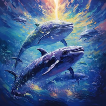 Embark on a whimsical art journey with this vibrant image depicting a pod of majestic whales gracefully navigating the vast expanse of the ocean. Witness these mighty cetaceans breaching the surface, with water droplets shimmering in the sunlight, and their enormous tails elegantly breaking through the waves. The scene is filled with vibrant shades of blues and greens, capturing the depth and beauty of the surrounding ocean. Let the sheer size and power of these incredible creatures inspire awe and wonder in viewers.