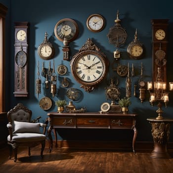 Step back in time with this mesmerizing vintage clock collection displayed against a vibrant backdrop. Each antique clock is uniquely ornate, exuding a sense of history and mystery. From pocket watches adorned with elaborate engravings to grandfather clocks standing tall with intricate woodwork, this collection embodies the charm of a bygone era. The scene is softly illuminated with warm lighting, enhancing the nostalgic ambiance. Subtle hints of time's passing, like fading wallpaper and cracked walls, add to the allure. This artfully crafted image captures the essence of vintage aesthetics while ensuring its visual appeal to a wide audience on microstock sites.