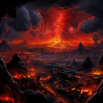 Immerse yourself in the surreal and vibrant scene of the "Volcanic Pulse". This image captures the essence of a futuristic cityscape nestled at the base of a monstrous volcano, unleashing a pulsating eruption that illuminates the sky with intense colors. The scene showcases flying lava rocks suspended in mid-air, casting ominous shadows on the city below, adding an element of danger and awe. The art style combines digital illustration and modern mixed media techniques, resulting in a visually striking image that will captivate viewers on microstock sites.