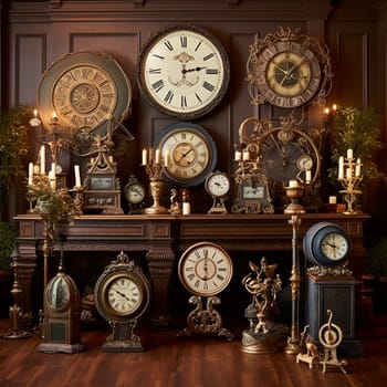Step back in time with this mesmerizing vintage clock collection displayed against a vibrant backdrop. Each antique clock is uniquely ornate, exuding a sense of history and mystery. From pocket watches adorned with elaborate engravings to grandfather clocks standing tall with intricate woodwork, this collection embodies the charm of a bygone era. The scene is softly illuminated with warm lighting, enhancing the nostalgic ambiance. Subtle hints of time's passing, like fading wallpaper and cracked walls, add to the allure. This artfully crafted image captures the essence of vintage aesthetics while ensuring its visual appeal to a wide audience on microstock sites.