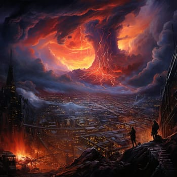 Immerse yourself in the surreal and vibrant scene of the "Volcanic Pulse". This image captures the essence of a futuristic cityscape nestled at the base of a monstrous volcano, unleashing a pulsating eruption that illuminates the sky with intense colors. The scene showcases flying lava rocks suspended in mid-air, casting ominous shadows on the city below, adding an element of danger and awe. The art style combines digital illustration and modern mixed media techniques, resulting in a visually striking image that will captivate viewers on microstock sites.