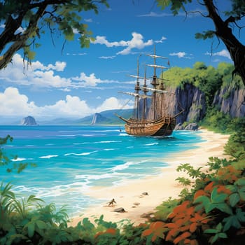 Get ready to embark on an adventure with this breathtaking artwork in a realistic art style. The image depicts a vast expanse of crystal-clear turquoise waters gently caressing a pristine, white sandy beach. In the distance, a rugged, towering cliff emerges from the ocean, adorned with lush, vibrant greenery. A lone sailboat elegantly glides across the waves, capturing the essence of adventure and discovery. The sky is a mesmerizing blend of warm oranges and pinks, illuminated by the last rays of a breathtaking sunset. This captivating image is sure to evoke wonder, wanderlust, and inspire dreams of embarking on an epic maritime journey.