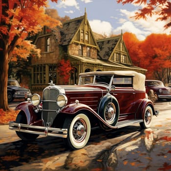 Step back in time with this visually striking illustration that captures the essence of classic cars from the bygone eras. Featuring a timeless vintage car flawlessly restored to its former glory, this artwork evokes a sense of nostalgia and admiration for automotive craftsmanship. The composition highlights the car's unique details and design, while incorporating an atmosphere reminiscent of antique photographs or vintage postcards. This artwork encapsulates the spirit of vintage cars, inviting viewers to admire their timeless beauty and envision the stories they could tell.