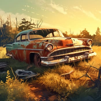 Step into the past with this vintage-style illustration of a weathered classic car restlessly parked in an overgrown field. The sun gracefully shines through a thick layer of rust on the body, casting warm rays that enhance the car's aged, faded glory. This artwork exudes elements of nostalgia and evokes a sense of a forgotten era.