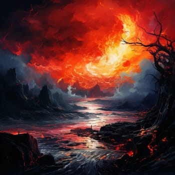 Experience the raw power and beauty of nature with this surreal landscape engulfed in a torrential eruption. The vibrant and eye-catching art style, reminiscent of impressionism, captures the dynamism and chaos of the scene. The focal point is the cascading flow of molten lava, illuminating the surroundings with intense hues of red, orange, and yellow. Darkened skies, billowing smoke, and silhouettes of awe-struck onlookers in the foreground create a striking contrast. This visually captivating image is bound to elicit a wide range of emotions, from astonishment to fear. Perfect for microstock distribution.