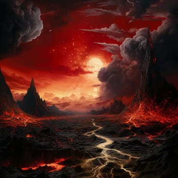 Immerse yourself in this mesmerizing and powerful image of a surreal landscape, depicting the aftermath of a volcanic eruption. The ground is split open, with molten lava and ash erupting into the air, creating a scene of destruction and raw power. The entire area is bathed in a fiery glow, casting an eerie light on the surroundings. To add a sense of otherworldliness, the image incorporates elements of mysticism and fantasy, such as floating islands and ethereal creatures. The vibrant and highly detailed art style, with a touch of impressionism, adds a dreamlike quality to the scene. This artwork captures the eternal and relentless power of the Earth, evoking both awe and fear.