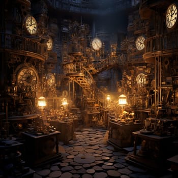 Step into a world of wonder with this surreal grand library filled with shelves upon shelves of vintage clocks. Each clock is frozen at a different time, their hands replaced with intricate gears and cogs, creating an otherworldly appearance. Soft candlelight bathes the scene, casting eerie shadows on the dusty tomes that surround the clocks. Outside the tall windows, a full moon adds to the mystical ambiance, hinting at the timeless stories waiting to be discovered within this mystical time capsule. The art style of this illustration blends elements of realism and fantasy, resembling a meticulously hand-drawn vintage engraving.