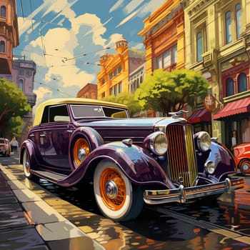 Experience the thrill of automotive history with this stunning image inspired by the title, 'Revolutionary Wheels: The Vintage Car Revolution.' Immerse yourself in a vibrant, bustling city street, where a majestic vintage car is parked, capturing the nostalgic spirit of an era defined by extraordinary automotive innovation. The art style blends realism and a touch of artistic flair, highlighting the intricate details of the car's design, while the vibrant colors and dynamic surroundings emphasize the energy of the scene. Get ready to feel the excitement, admiration, and a longing for the iconic vehicles that shaped the automotive industry.