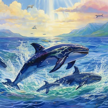 Embark on a whimsical art journey with this vibrant image depicting a pod of majestic whales gracefully navigating the vast expanse of the ocean. Witness these mighty cetaceans breaching the surface, with water droplets shimmering in the sunlight, and their enormous tails elegantly breaking through the waves. The scene is filled with vibrant shades of blues and greens, capturing the depth and beauty of the surrounding ocean. Let the sheer size and power of these incredible creatures inspire awe and wonder in viewers.