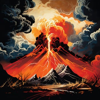 Behold the raw power and intensity of nature's fury in this visually captivating artwork titled 'Scorching Tempest'. This dynamic piece showcases a volcanic eruption with vibrant colors and bold brush strokes, creating a visually stunning depiction of the cataclysmic event. Lava spews from the volcano, engulfing the scene in fiery hues, while billowing clouds of smoke create an ominous atmosphere. In the foreground, glowing embers flicker and float, adding to the sense of danger and awe. The backdrop features a silhouetted landscape, accentuating the scale and magnitude of the eruption. Frightened onlookers can be seen in the distance, their tiny figures serving as a reminder of the immense power of nature. The composition is carefully balanced, drawing the viewer's attention and inviting them to pause and marvel at this breathtaking display of nature's might.