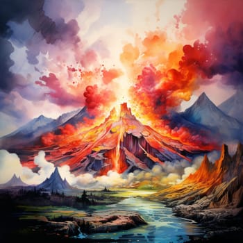 Immerse yourself in the delicate watercolor art style of 'Molten Symphony', an image inspired by the dramatic beauty of volcanic eruptions. With vibrant colors and fluid brushstrokes, this artwork ignites the imagination of viewers worldwide, capturing the raw power and awe-inspiring nature of these natural phenomena.