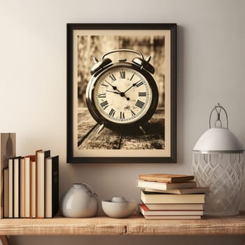 Immerse yourself in nostalgia with this black and white vintage clock. Standing elegantly on a rustic wooden table, it is surrounded by antique books and aged parchment paper, creating a scene that exudes charm and simplicity. The clock's intricate details and crack on its face tell a story of time that has passed, adding to its vintage allure. The soft rays of warm sunlight streaming through a nearby window cast a gentle glow, further enhancing the timeless elegance of this scene.