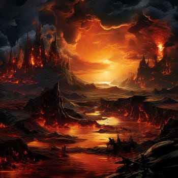 Immerse yourself in this mesmerizing and powerful image of a surreal landscape, depicting the aftermath of a volcanic eruption. The ground is split open, with molten lava and ash erupting into the air, creating a scene of destruction and raw power. The entire area is bathed in a fiery glow, casting an eerie light on the surroundings. To add a sense of otherworldliness, the image incorporates elements of mysticism and fantasy, such as floating islands and ethereal creatures. The vibrant and highly detailed art style, with a touch of impressionism, adds a dreamlike quality to the scene. This artwork captures the eternal and relentless power of the Earth, evoking both awe and fear.