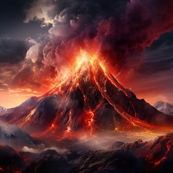 Witness the raw power and breathtaking beauty of a volcanic eruption with this intense and vivid image titled 'Firestorm Burst.' The scene depicts the awe-inspiring moment when molten lava violently explodes from the volcano's crater, creating a scorching cascade of fiery debris and billows of smoke that ascend into the darkened sky. The surrounding landscape is cloaked in darkness, illuminated solely by the vibrant glow of the red-hot lava and occasional flashes of distant lightning. This realistic digital painting style emphasizes the striking contrast between the fiery eruption and the ominous night sky, resulting in a captivating and evocative composition that evokes a wide range of reactions and emotions.