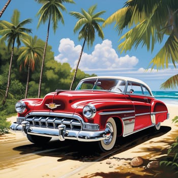 Immerse yourself in the timeless elegance of a grand vintage car straight out of the 1950s. Picture this classic automobile gliding along a sun-drenched coastal road, amidst vibrant palm trees and a serene ocean view. The car's polished chrome accents glisten under the warm sunlight, while its glossy candy apple red exterior embodies the epitome of luxury. The driver, adorned in dapper attire, proudly navigates the winding road with a confident smile. Let this retro-inspired art style beautifully accentuate the nostalgic charm of these vintage cars and transport you to an era of vintage car luxury.