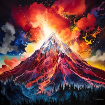 Be mesmerized by the breathtaking volcanic eruption in this vibrant and dynamic artwork. The scene captures the raw energy and destructive force of nature, with billowing smoke and ash, glowing hot lava cascading down the mountainside, and an intense fiery glow illuminating the night sky. The composition evokes a sense of awe and power, captivating viewers with its vivid depiction of the volcanic eruption.