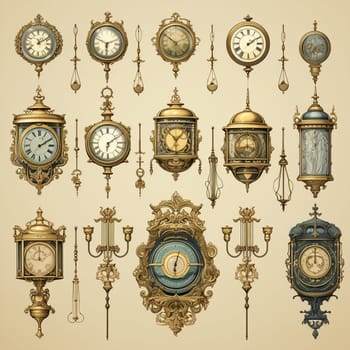 Step back in time with this hand-drawn vintage illustration that beautifully showcases a collection of exquisite antique clocks. Each clock in this sophisticated and harmonious arrangement is designed with unique details that add to its timeless charm and refinement. Admire the intricate craftsmanship and appreciate the history behind these elegant timepieces.